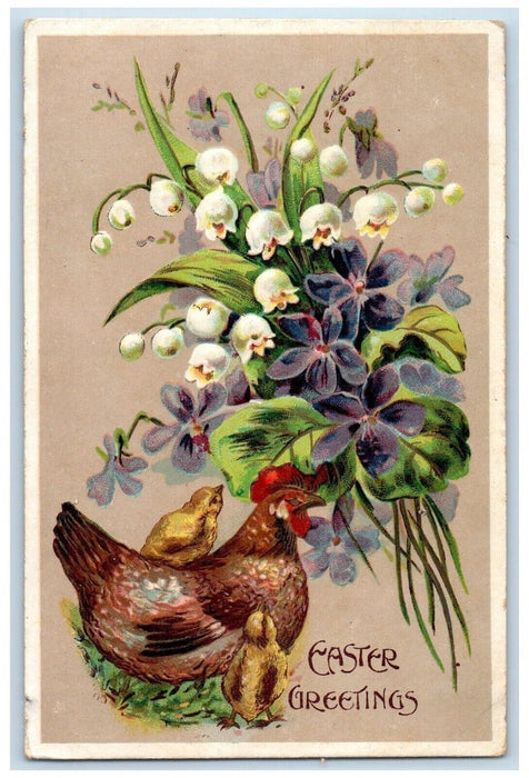 1908 Easter Greetings Chicken Hen Chicks Flowers Florin Pennsylvania PA Postcard