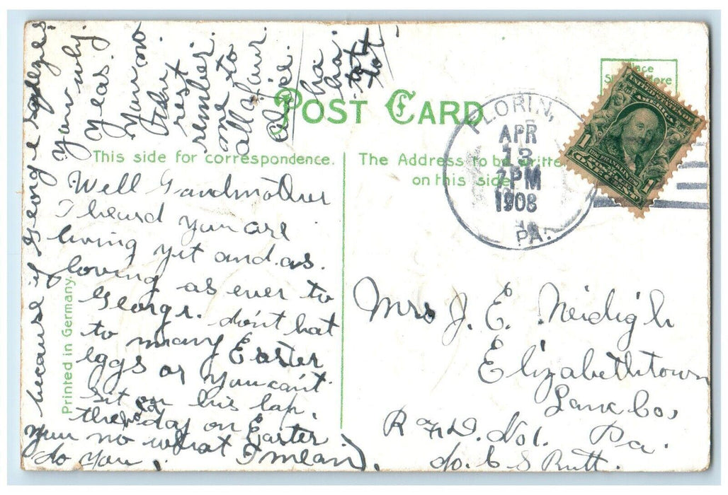 1908 Easter Greetings Chicken Hen Chicks Flowers Florin Pennsylvania PA Postcard