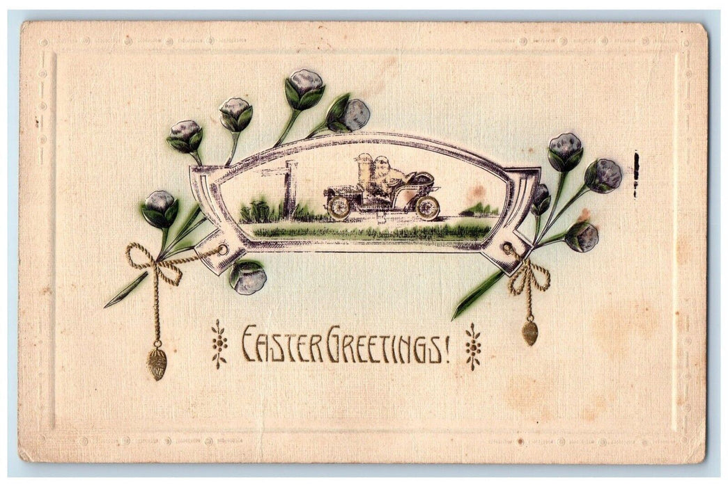 c1910's Easter Greetings Chicks Driving Car Pipe Berry Embossed Antique Postcard