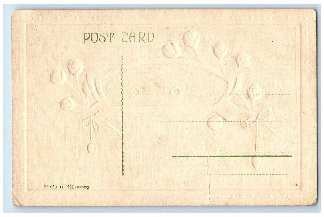 c1910's Easter Greetings Chicks Driving Car Pipe Berry Embossed Antique Postcard