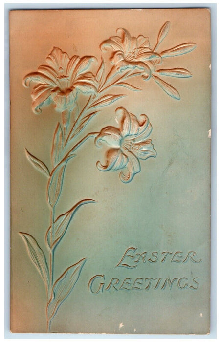 Easter Greetings Lilies Flowers Airbrushed Embossed Posted Antique Postcard