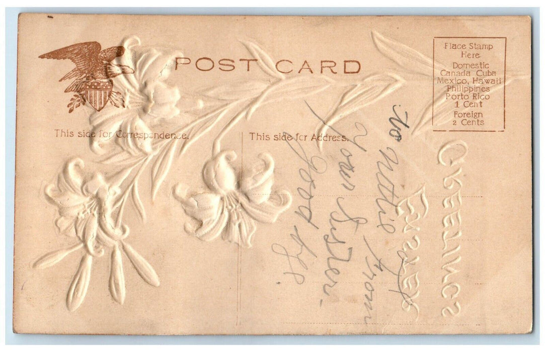 Easter Greetings Lilies Flowers Airbrushed Embossed Posted Antique Postcard