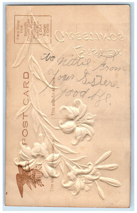 Easter Greetings Lilies Flowers Airbrushed Embossed Posted Antique Postcard
