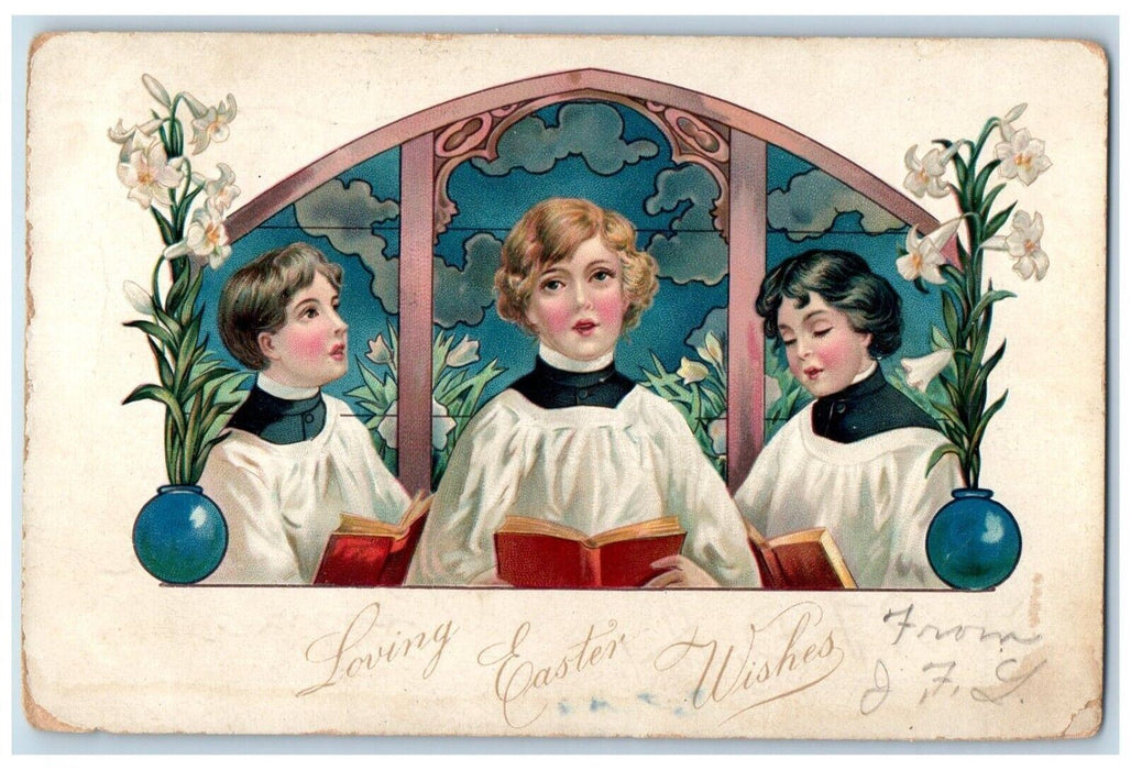 1907 Easter Wishes Boys Choir Church Lilies Flowers Tuck's Penbrook PA Postcard