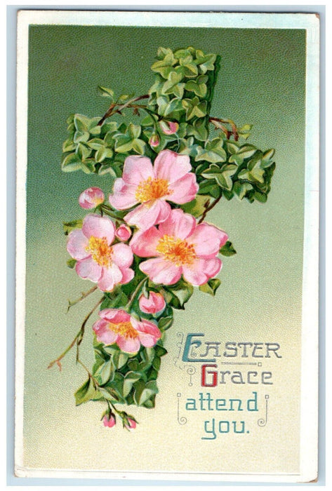 c1910's Easter Wishes Holy Cross Pink Flowers Clapsaddle Embossed Postcard