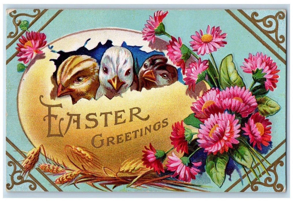 1910 Easter Greeting Hatched Egg Chicks Wheat Flowers Nash Embossed Postcard