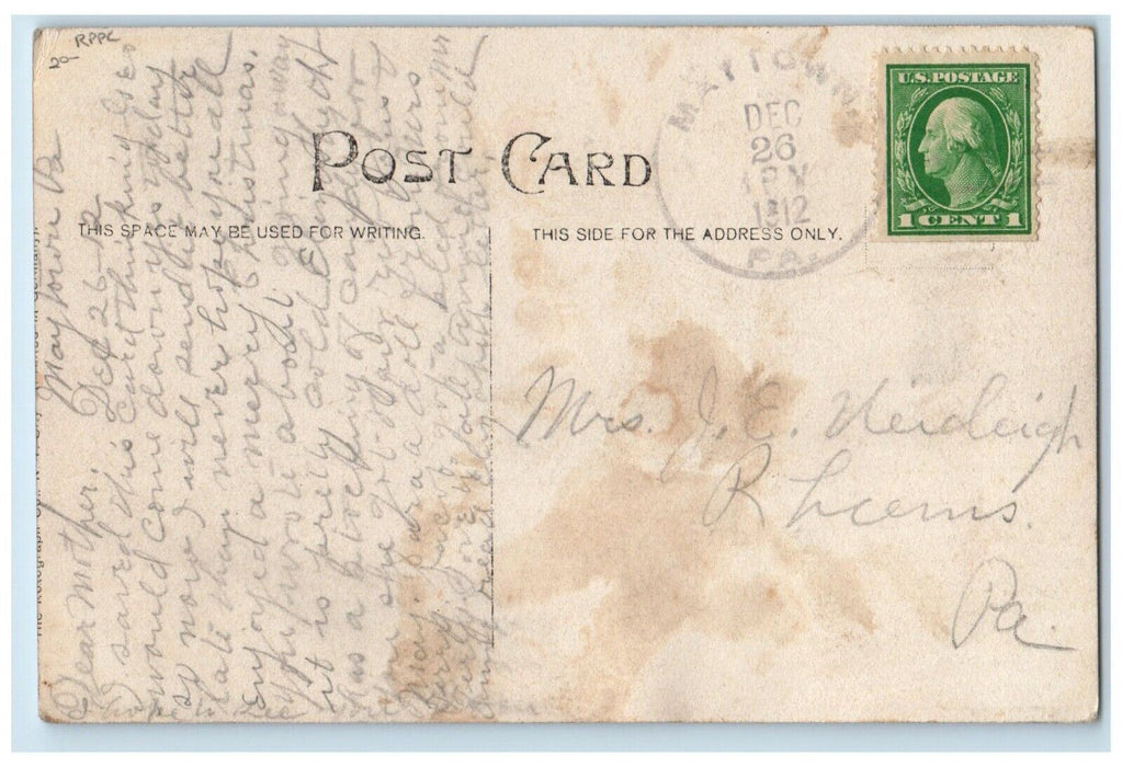 1912 Merry Christmas Letter Holly Berries Maytown PA RPPC Photo Antique Postcard
