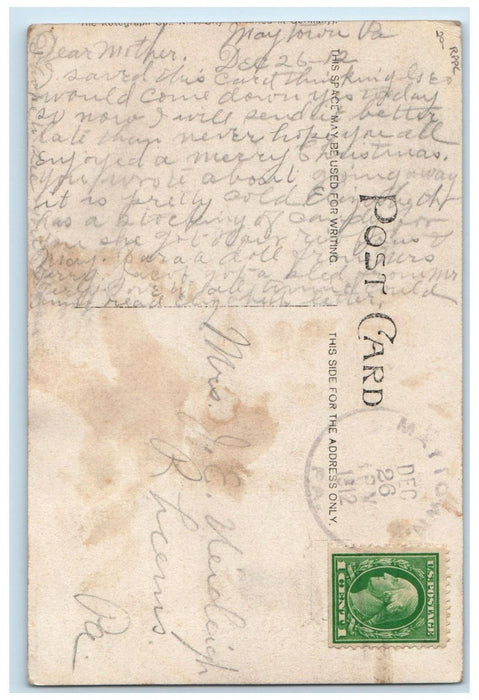 1912 Merry Christmas Letter Holly Berries Maytown PA RPPC Photo Antique Postcard