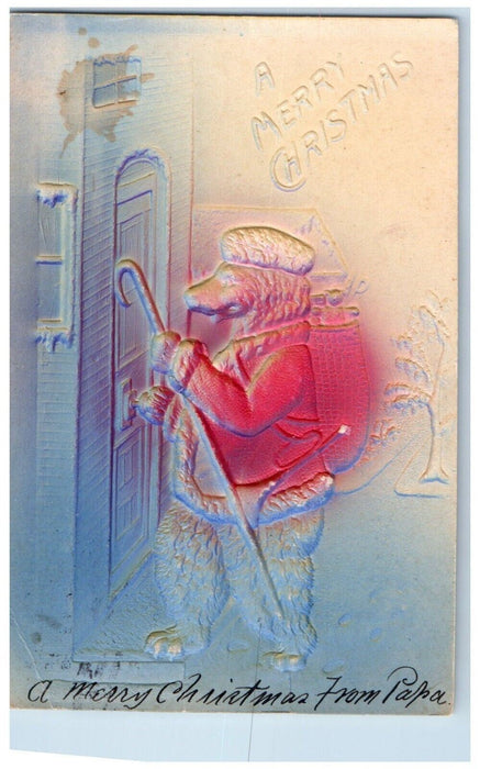 c1910's Merry Christmas Anthropomorphic Bear Knocking Door Airbrushed Postcard