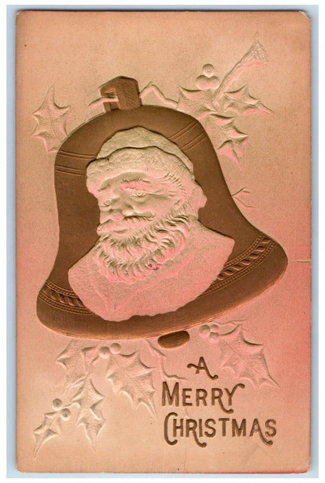 1907 Christmas Santa Claus Bell Holly Berries Airbrushed Embossed Postcard