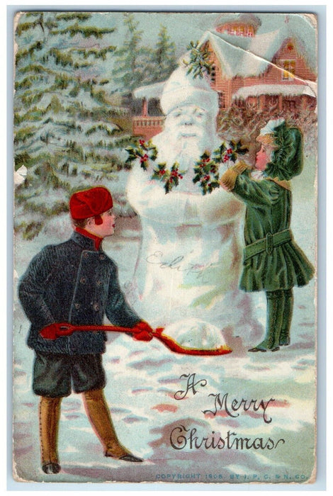 1908 Christmas Children Shovel Decorating Snowman Berries Winter Gel Postcard