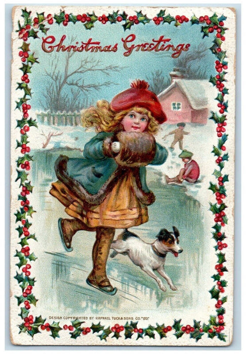 Christmas Greetings Girl Ice Skating Handwarmer Terrier Dog Tuck's Postcard