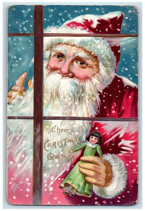 Christmas Greetings Santa Claus On Window Doll Snowfall Winter Tuck's Postcard