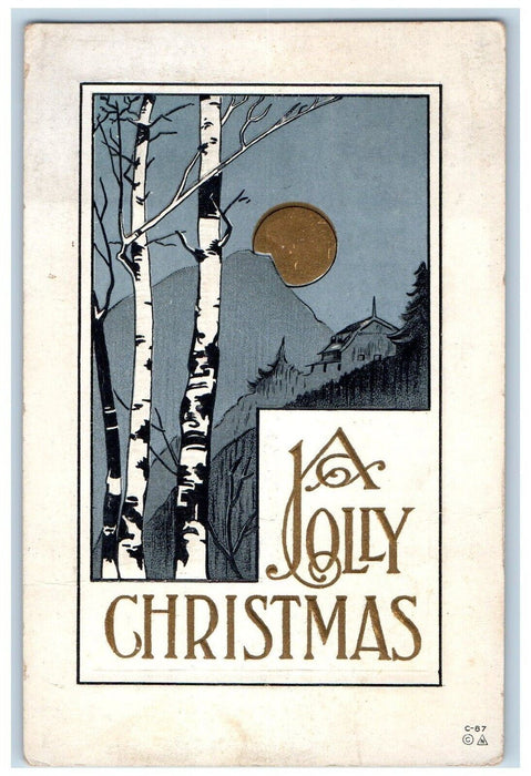 c1910's Christmas House Mountain Moon View Arts Crafts Embossed Postcard