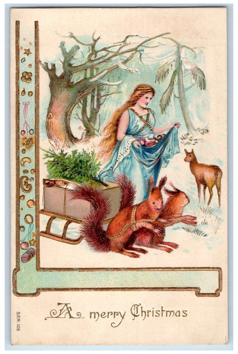 Christmas Woman Fantasy Squirrel Pulling Cart Winter Embossed Antique Postcard