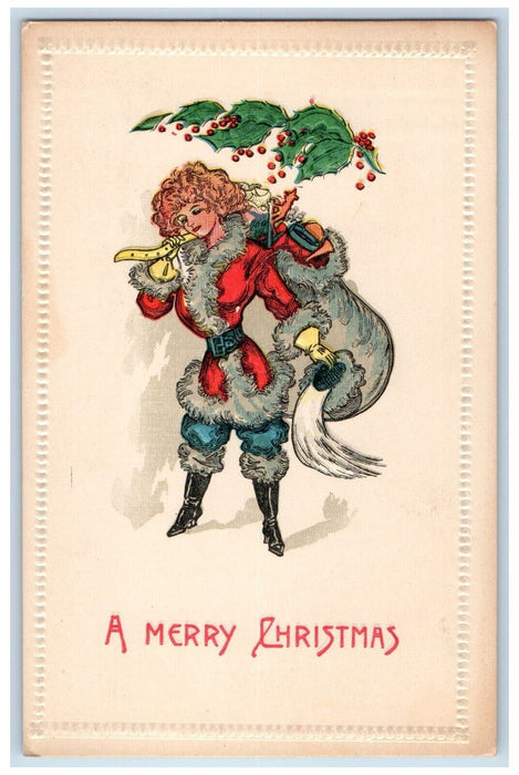 c1910's Merry Christmas Woman Santa Claus Sack Of Toys Embossed Antique Postcard