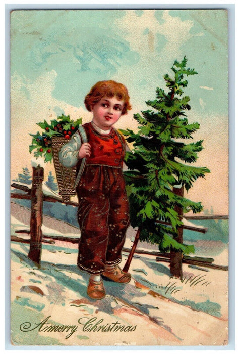 c1910's Merry Christmas Boy With Basket Of Toys Gel Gold Gilt Antique Postcard