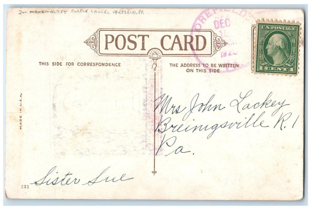 c1910's Christmas Message Candle Light Minimalist Cancel Orefield PA Postcard