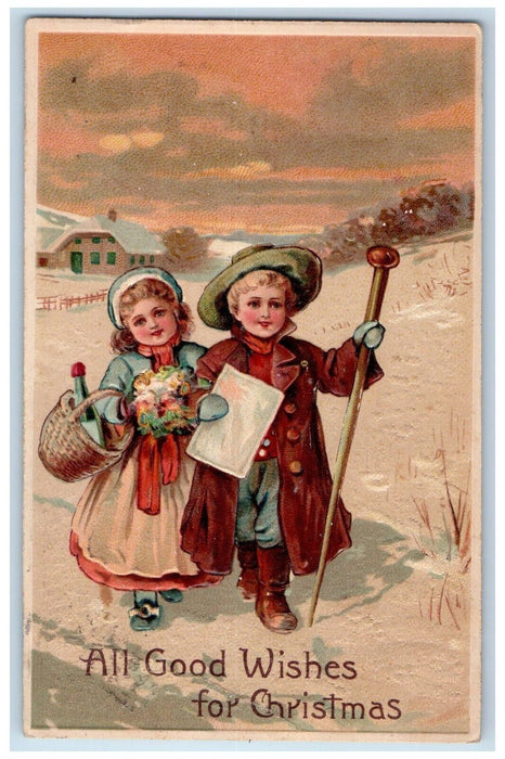 1908 Christmas Children Wine In Basket Flowers Winter Embossed Antique Postcard