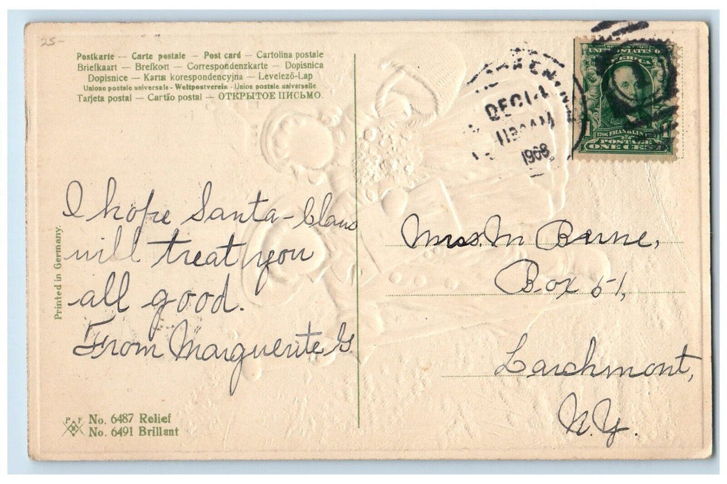 1908 Christmas Children Wine In Basket Flowers Winter Embossed Antique Postcard