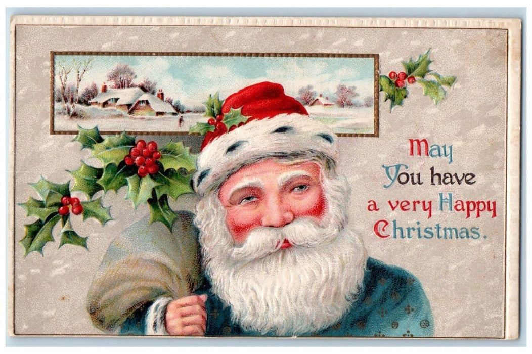 Christmas Blue Robe Santa Claus Sack Of Toys Berries Winter Embossed Postcard