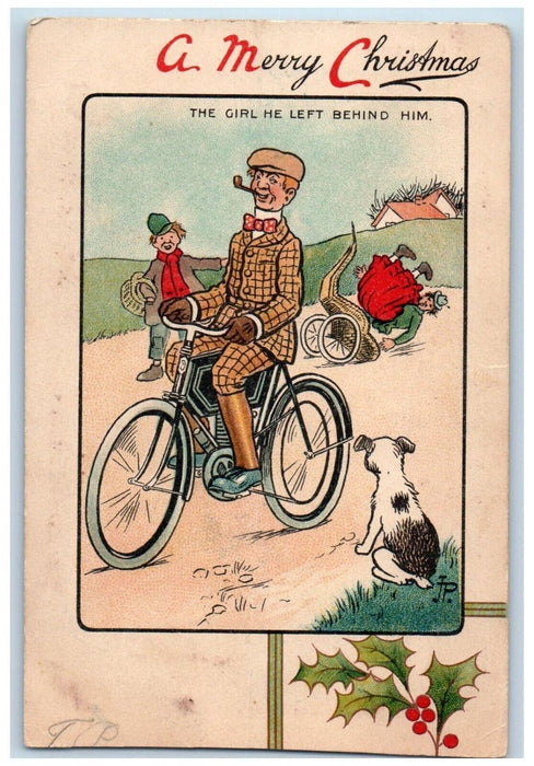 1905 Merry Christmas Man Pipe Riding Bicycle Woman Fell Dog Tucks Postcard