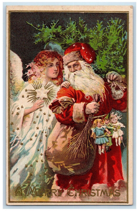 c1910's Christmas Angel Santa Claus Sack Of Toys Embossed Antique Postcard