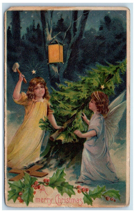 1907 Merry Christmas Angel Hatchet Cut Pine Tree Lantern Embossed Postcard