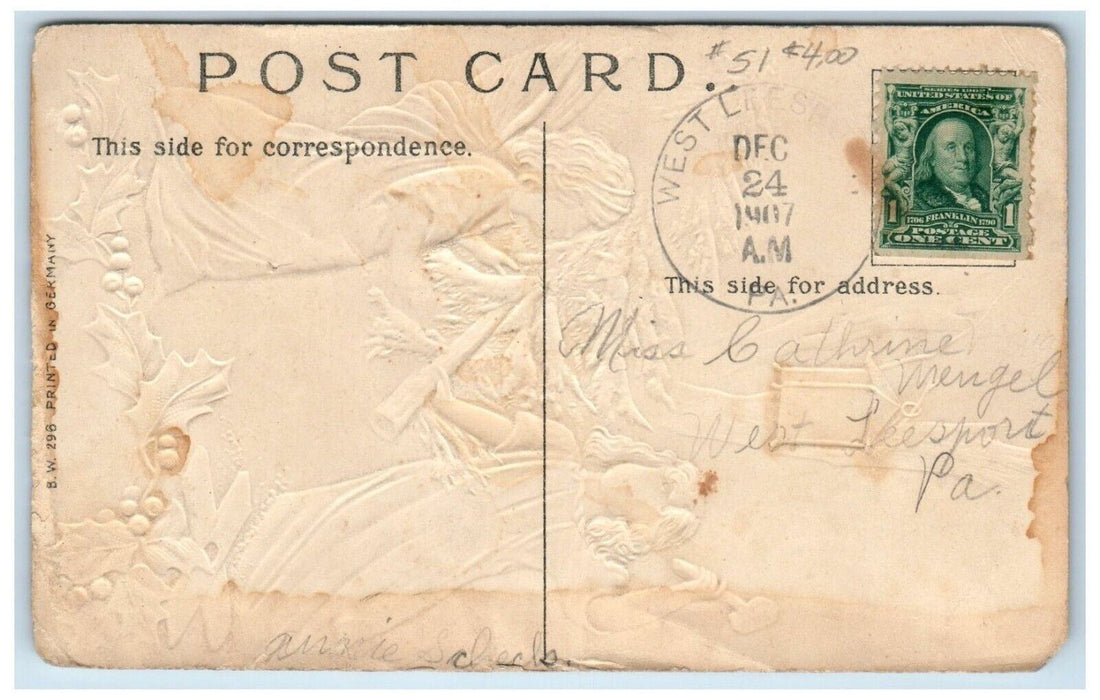 1907 Merry Christmas Angel Hatchet Cut Pine Tree Lantern Embossed Postcard