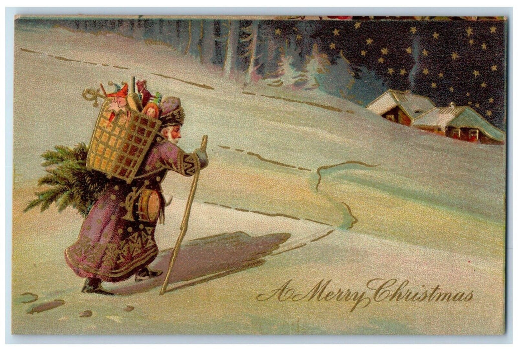 c1910's Merry Christmas Purple Robe Santa Claus With Toys Embossed Postcard