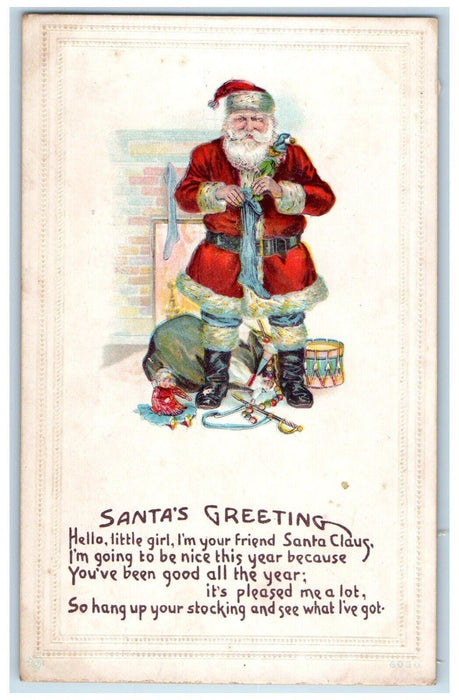 Christmas Greetings Santa Claus Stocking Toys Fireplace Embossed Postcard