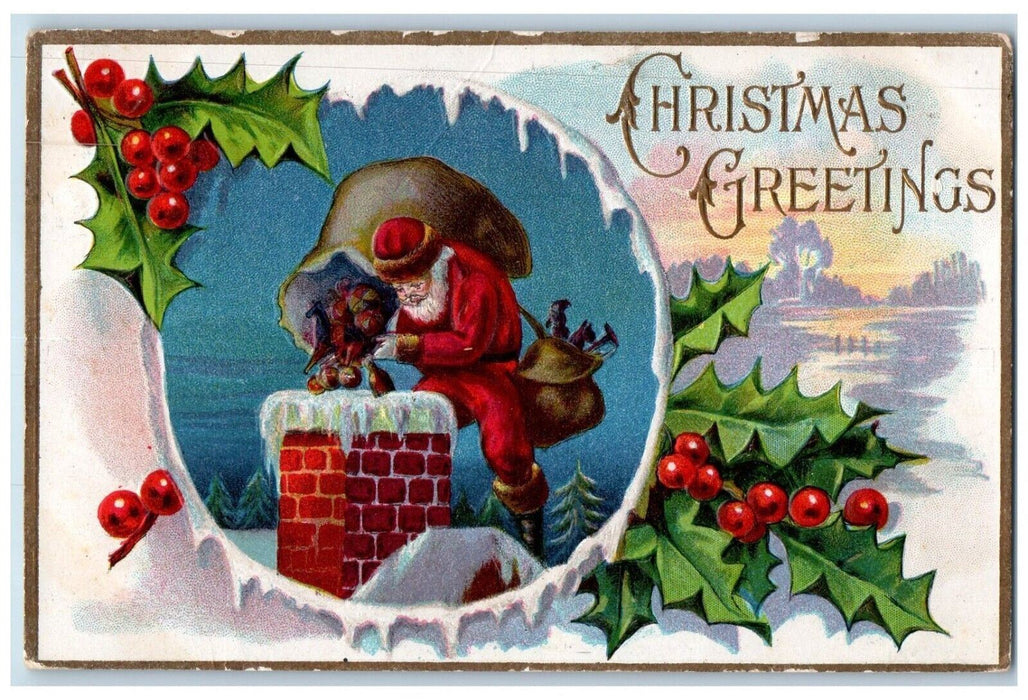 1909 Christmas Greetings Santa Claus Dumping Toys In Chimney Berries Postcard