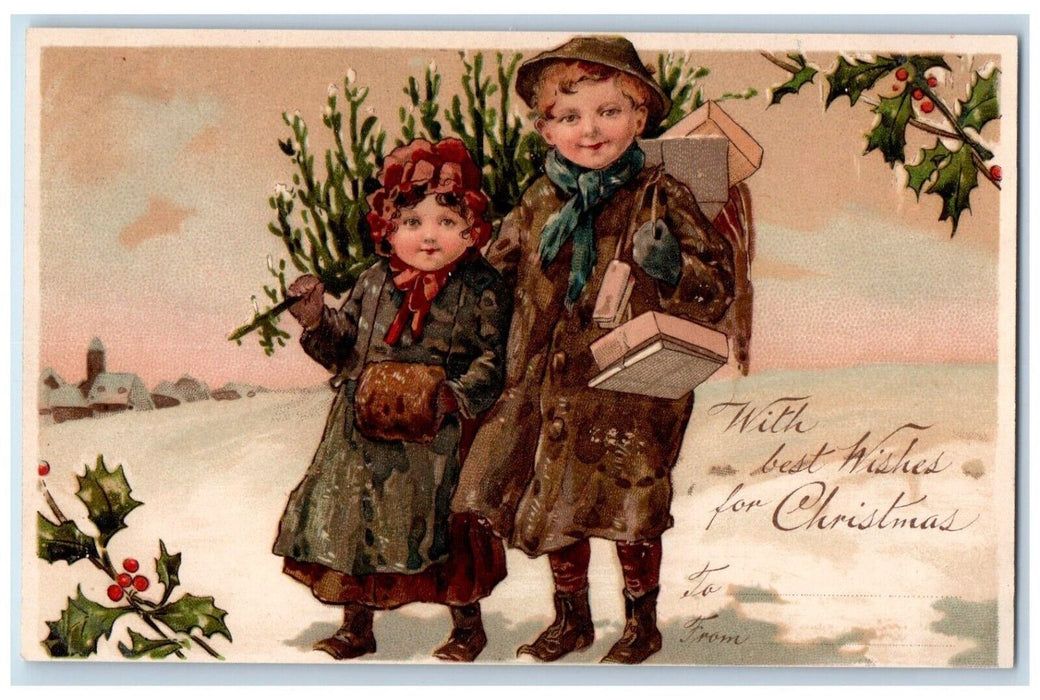 Christmas Children Pine Tree Handwarmer Gifts Holly Berries Clapsaddle Postcard