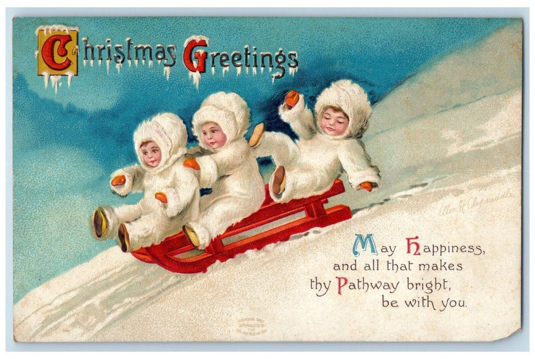Christmas Greetings Children Sledding Winter Clapsaddle Embossed Postcard