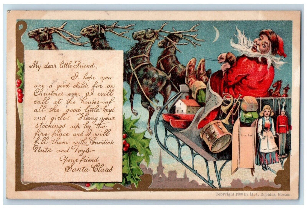 1905 Christmas Santa Claus Sleigh Delivering Toys Posted Antique Postcard
