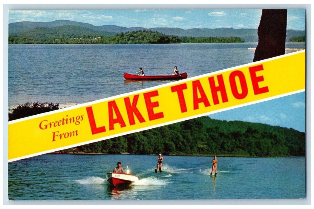 c1960 Greetings From Lake Tahoe Speedboat Water Skiing Canoe Banner CA Postcard