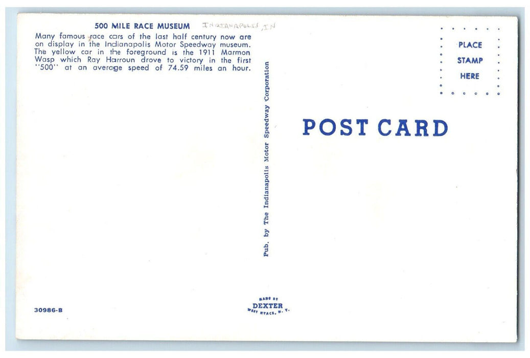 c1960 500 Mile Race Museum Motor Speedway Display Indianapolis Indiana Postcard
