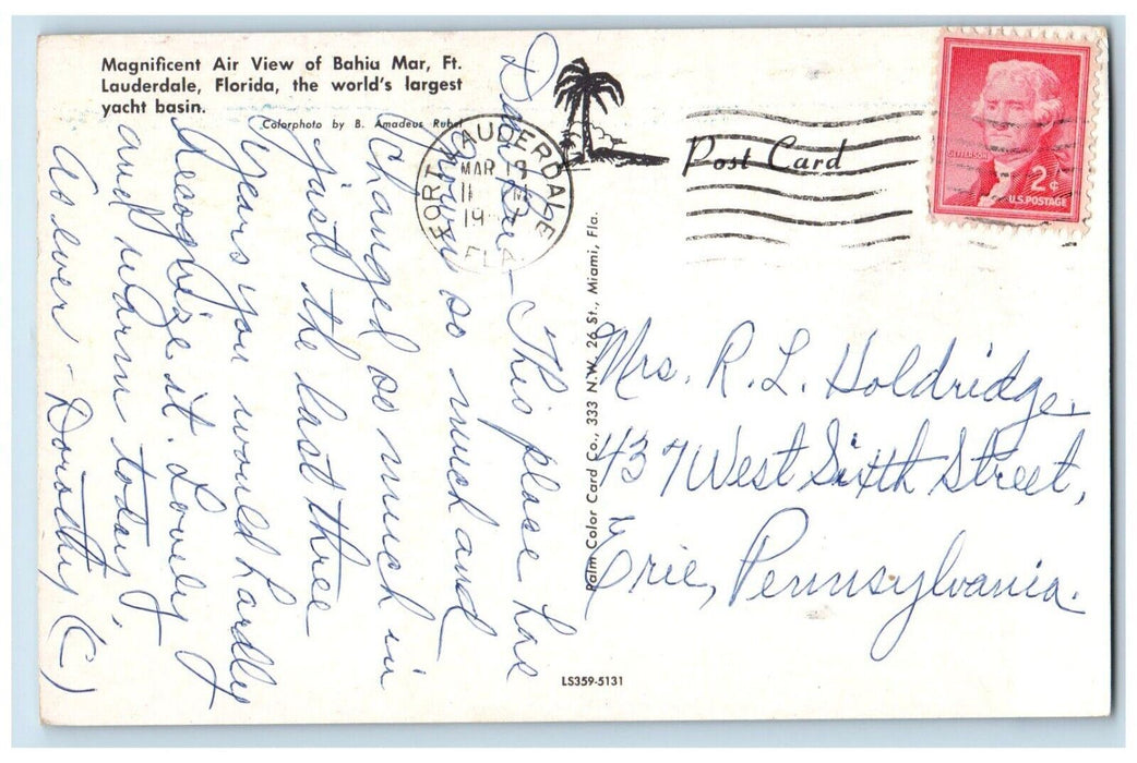 1961 Magnificent Air View Bahia Mar Yacht Basin Ft. Lauderdale Florida Postcard