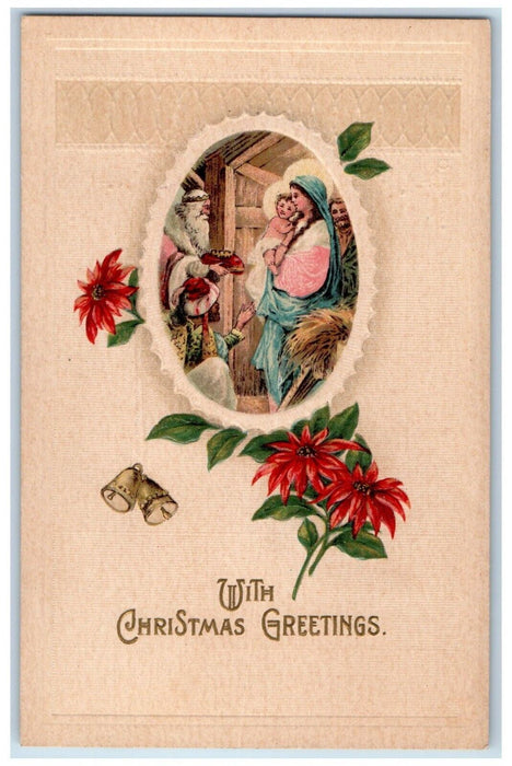 c1910's Christmas Greetings Mary Religious Bells Poinsettia Flowers Postcard