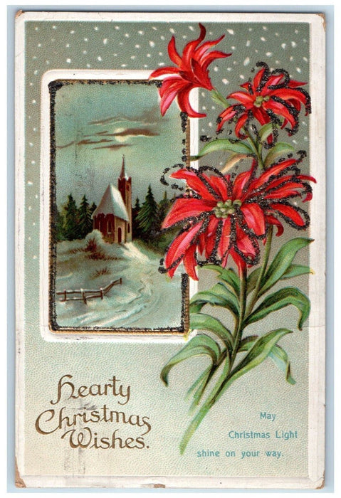 1914 Christmas Wishes Poinsettia Flowers Winter Glitter Clapsaddle Postcard