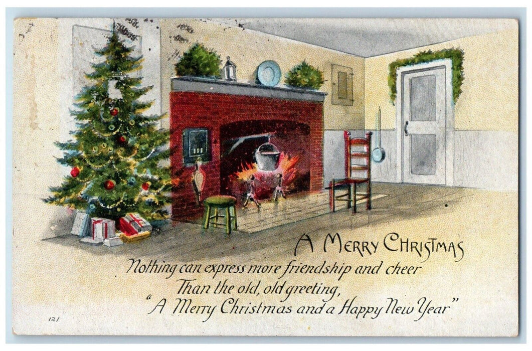 1917 Christmas Tree And Gifts Fireplace Cooking Washingtonboro PA Postcard