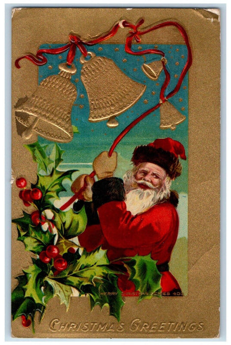 1911 Christmas Greetings Santa Ringing Bells Holly Berries York PA Postcard