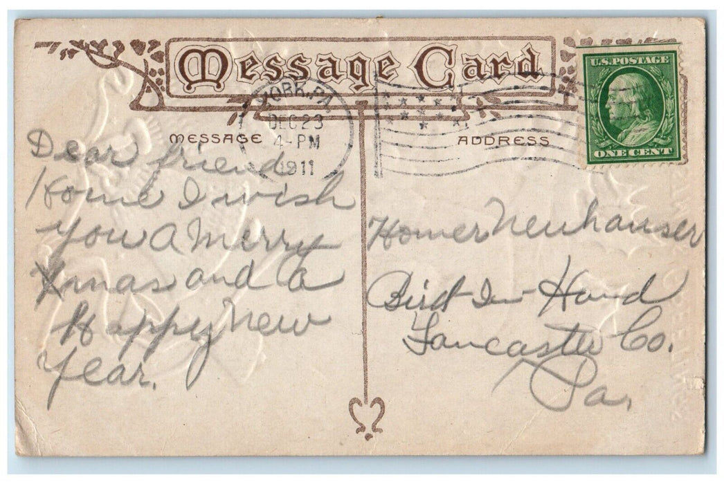 1911 Christmas Greetings Santa Ringing Bells Holly Berries York PA Postcard