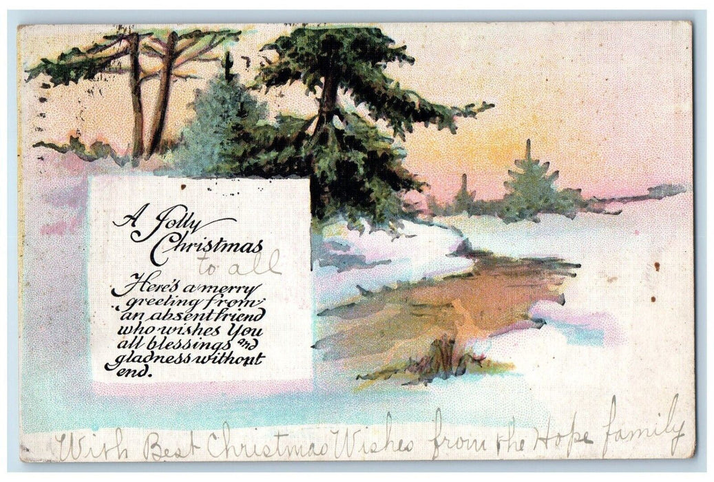 1924 Christmas Greetings Message Winter Pine Trees Posted Vintage Postcard