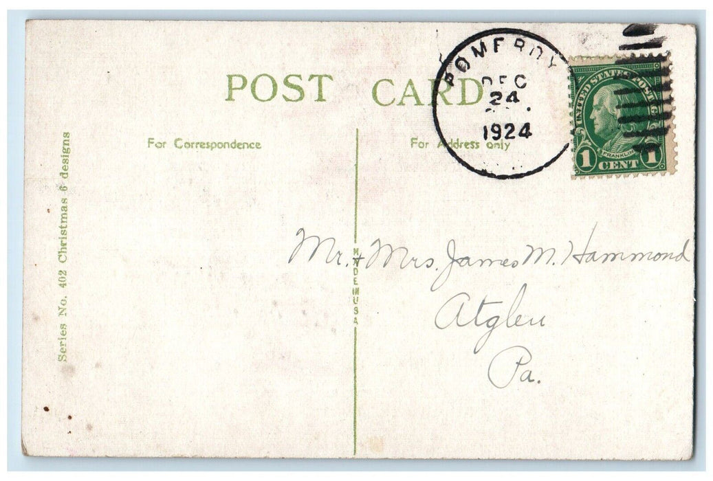 1924 Christmas Greetings Message Winter Pine Trees Posted Vintage Postcard