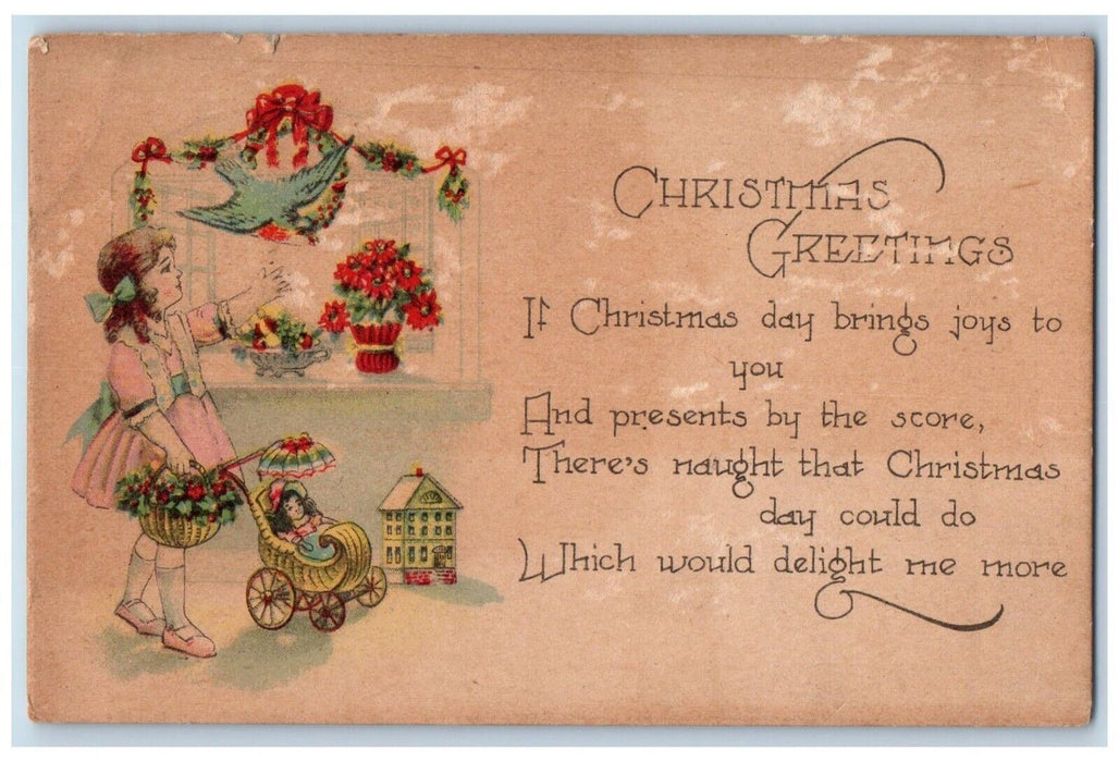 1922 Christmas Greetings Girl Poinsettia Birds Toy Cart Doll Antique Postcard