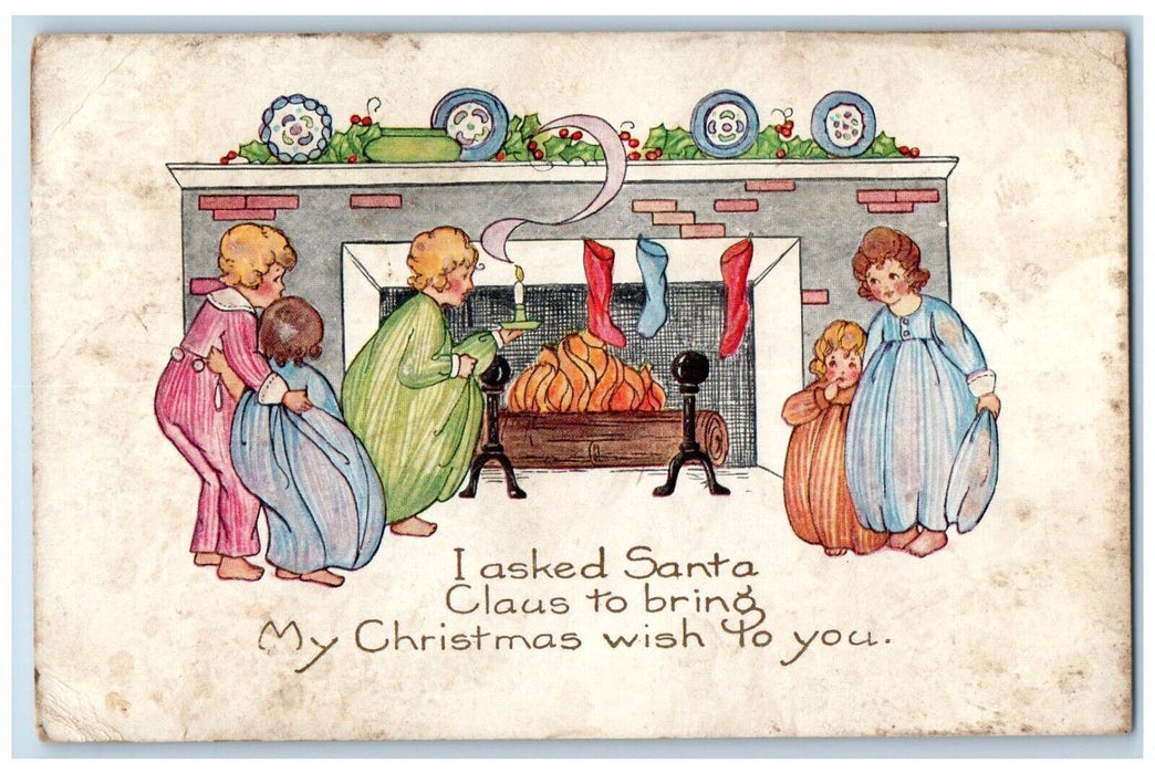 c1910's Christmas Mother And Daughters Hanging Stockings Fireplace Postcard