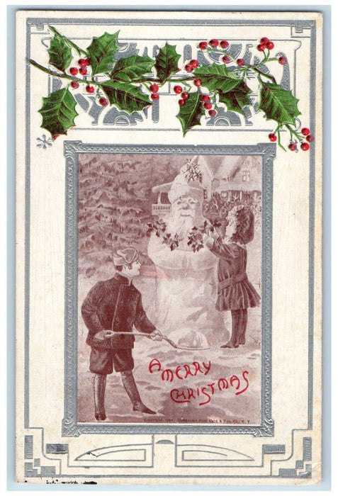 1907 Christmas Children Decorating Snowman Berries Embossed Antique Postcard