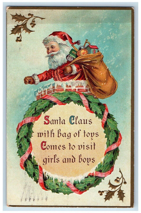 1910 Christmas Santa Claus Sack Of Toys In Chimney Whreat Embossed Postcard