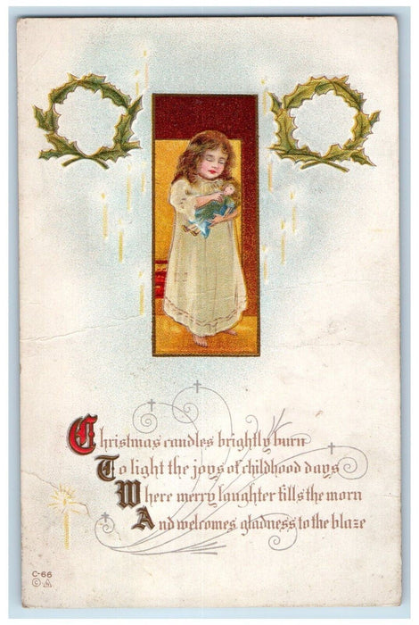 c1910's Christmas Little Girl Doll Candle Lights Embossed Thorndale PA Postcard